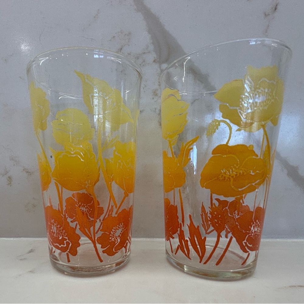 Vintage Anchor Hocking Morning Glory Floral Glass Tumblers with Yellow Orange